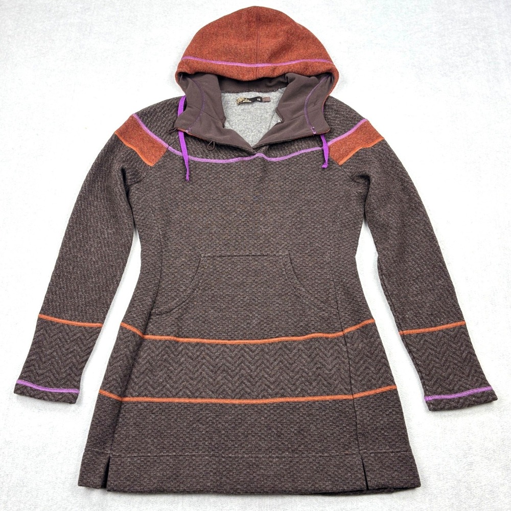 prAna Sweater Dress Womens XS Brown Wool Blend Hooded Lucia Kangaroo Pocket